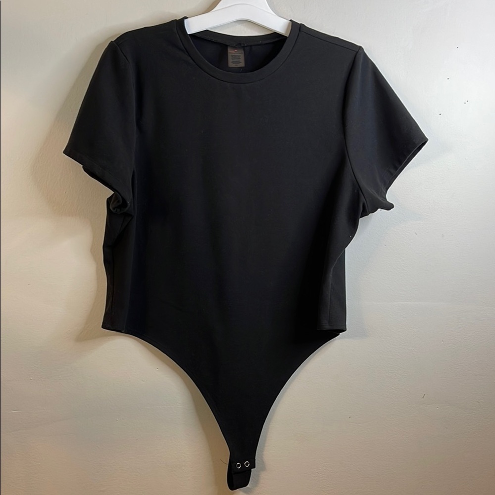 Love Charm Black Short Sleeve Thong Bodysuit Crew Neck Stretch Size 3X Plus #183